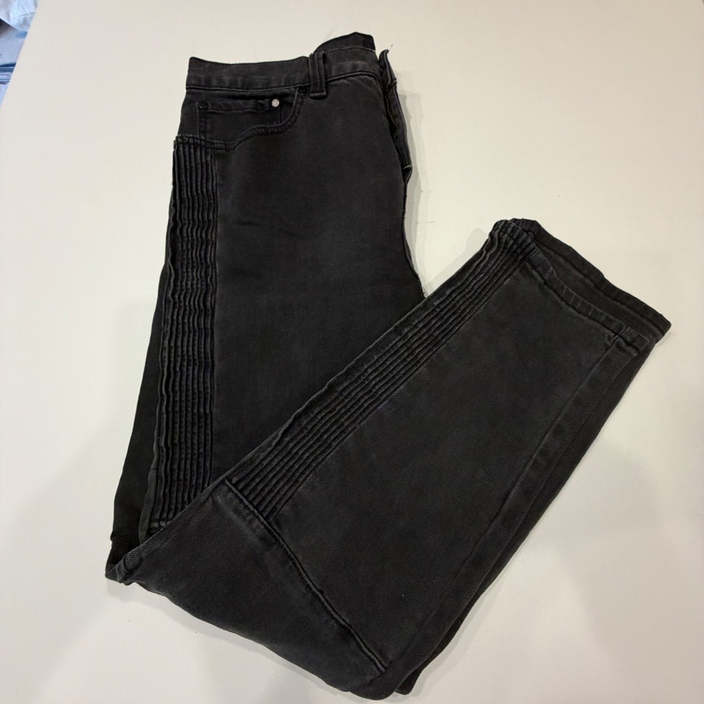 Black Moto Biker Jeans Men's 34x30 Skinny Tapered Ribbed Zip Knee Y2K